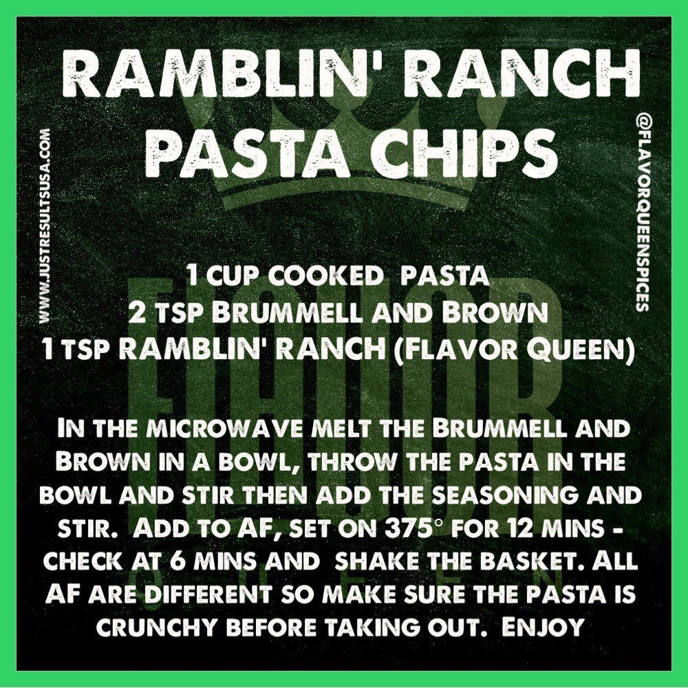 A recipe for ramblin ranch pasta chips is shown on a green background