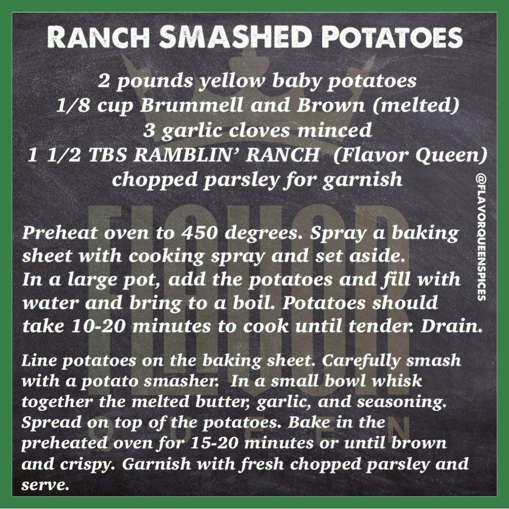 A recipe for ranch smashed potatoes is written on a blackboard