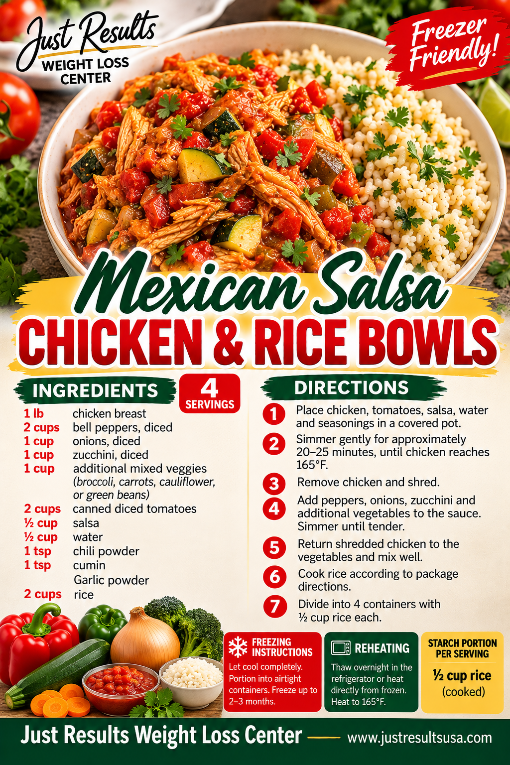 Mexican salsa chicken and rice bowl recipe card with ingredients, directions, and a colorful bowl photo.