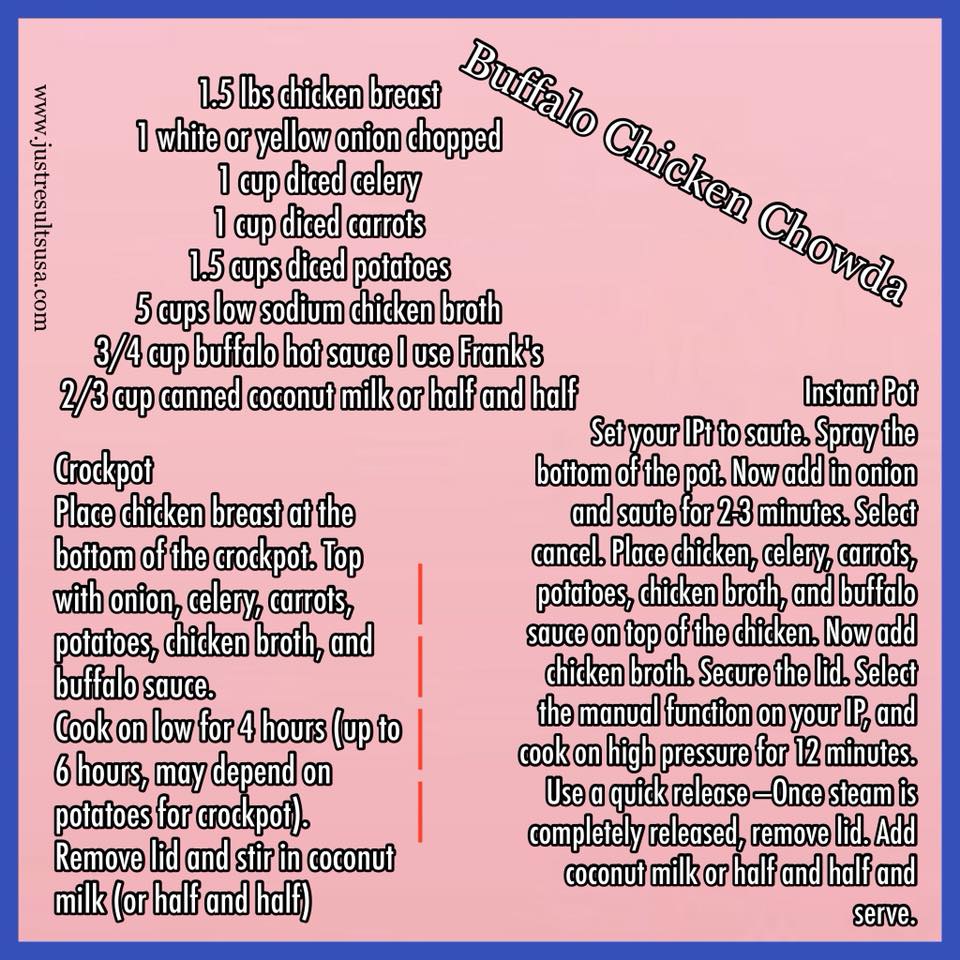 A recipe for buffalo chicken chowder is shown