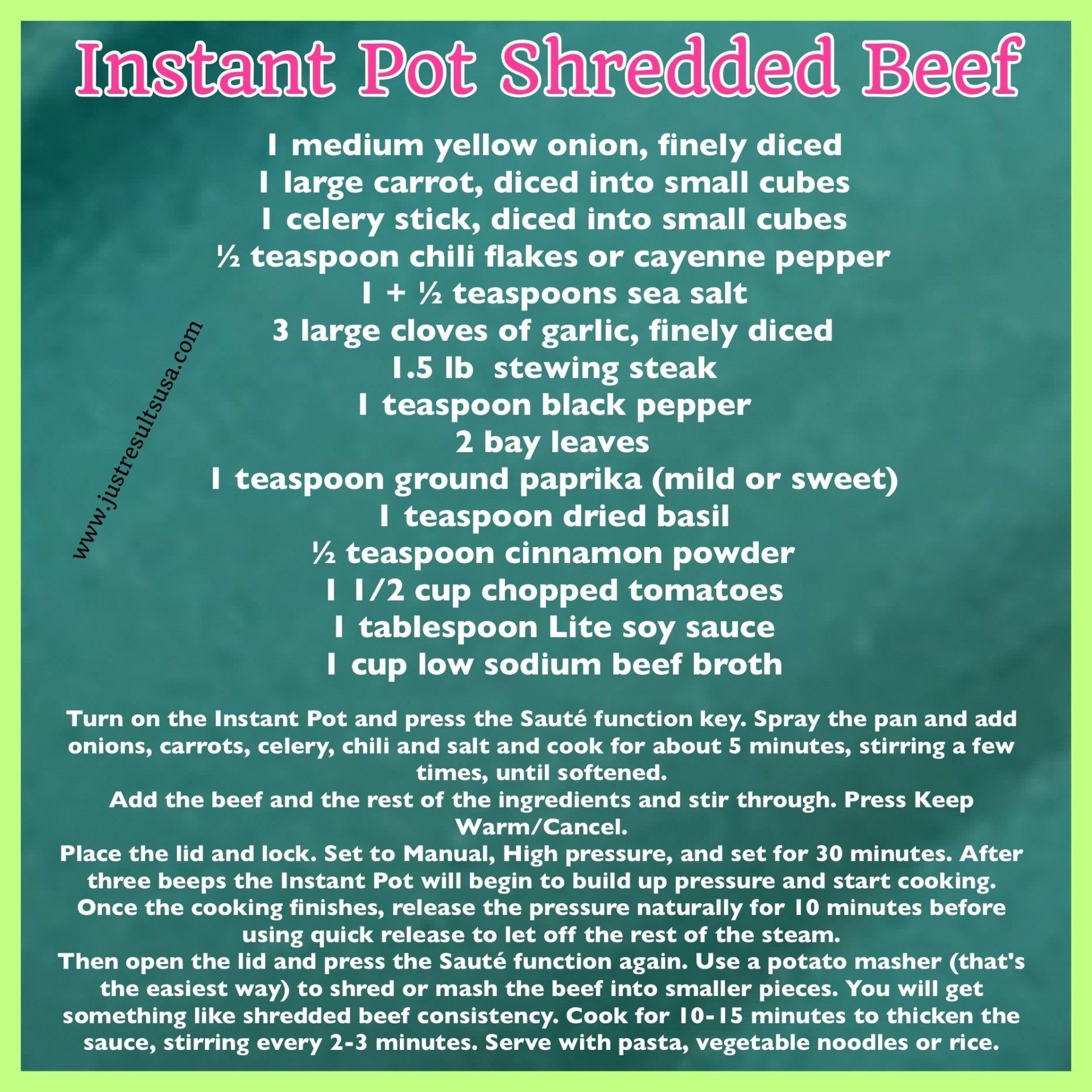 A recipe for instant pot shredded beef is shown