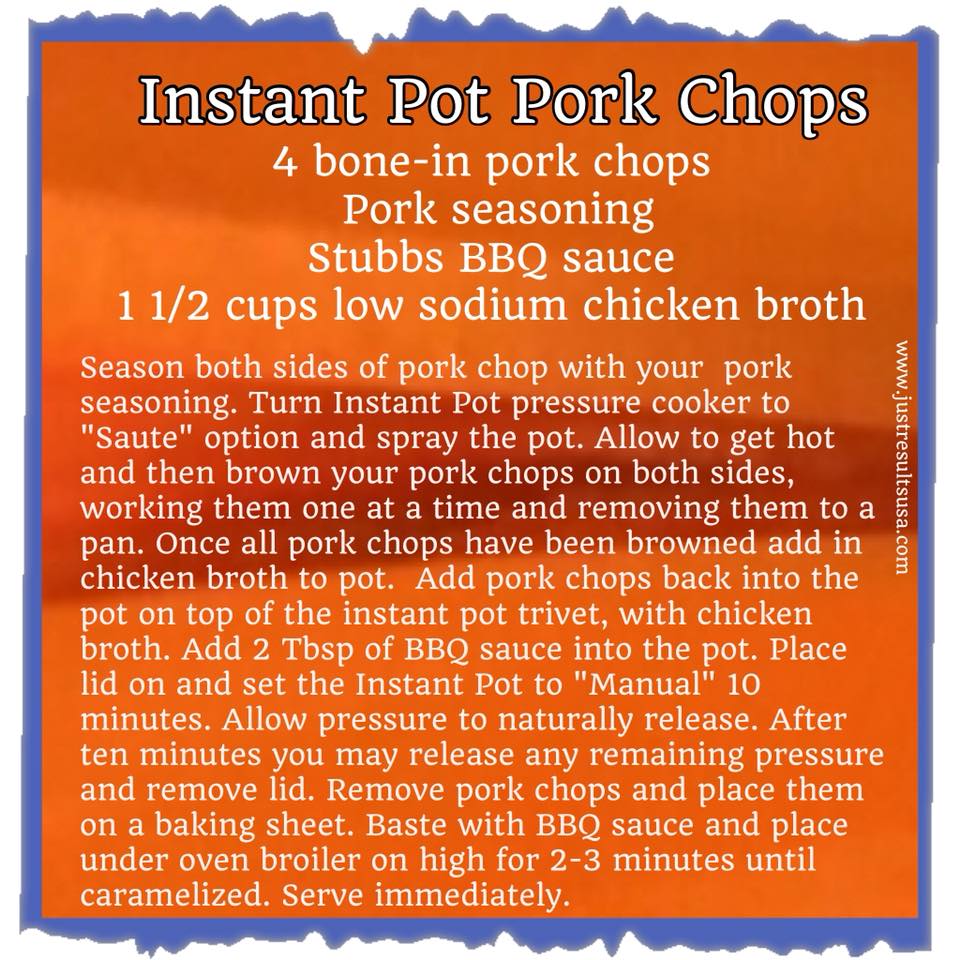 A recipe for instant pot pork chops includes 4 bone-in pork chops pork seasoning and stubbs bbq sauce