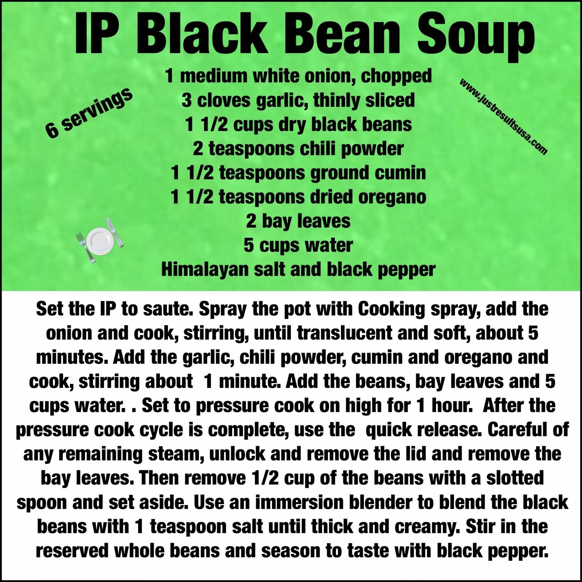 A recipe for ip black bean soup with 6 servings
