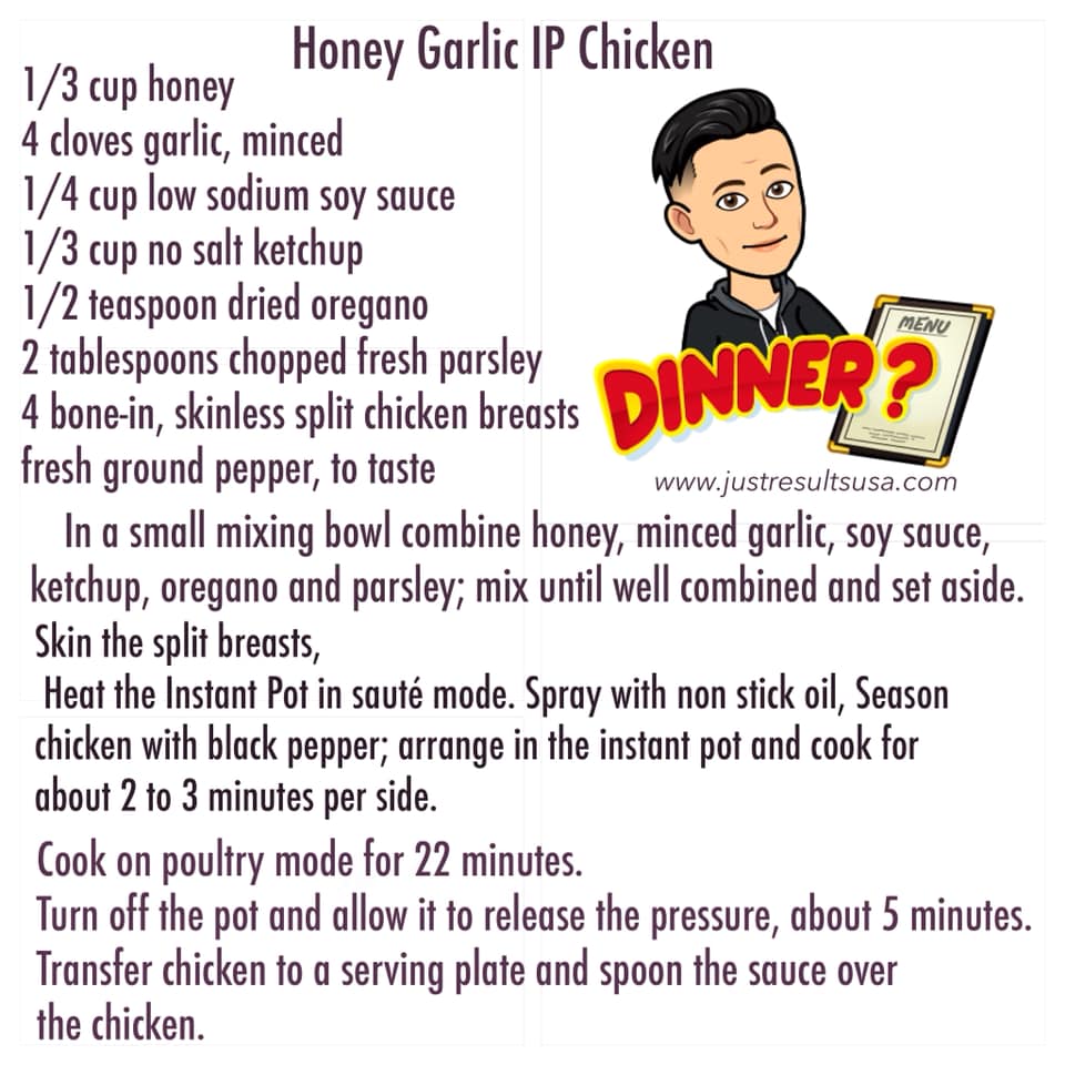A recipe for honey garlic ip chicken with a picture of a man