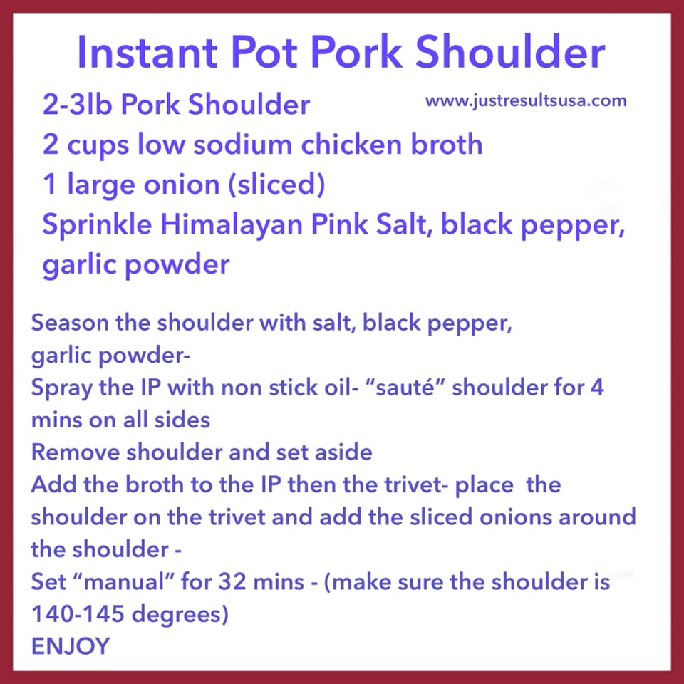 A recipe for instant pot pork shoulder includes 2 cups low sodium chicken broth