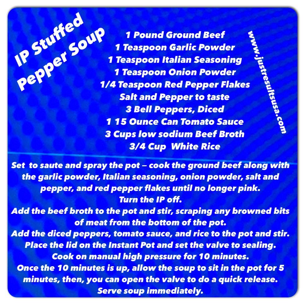 A recipe for stuffed pepper soup is shown on a blue background