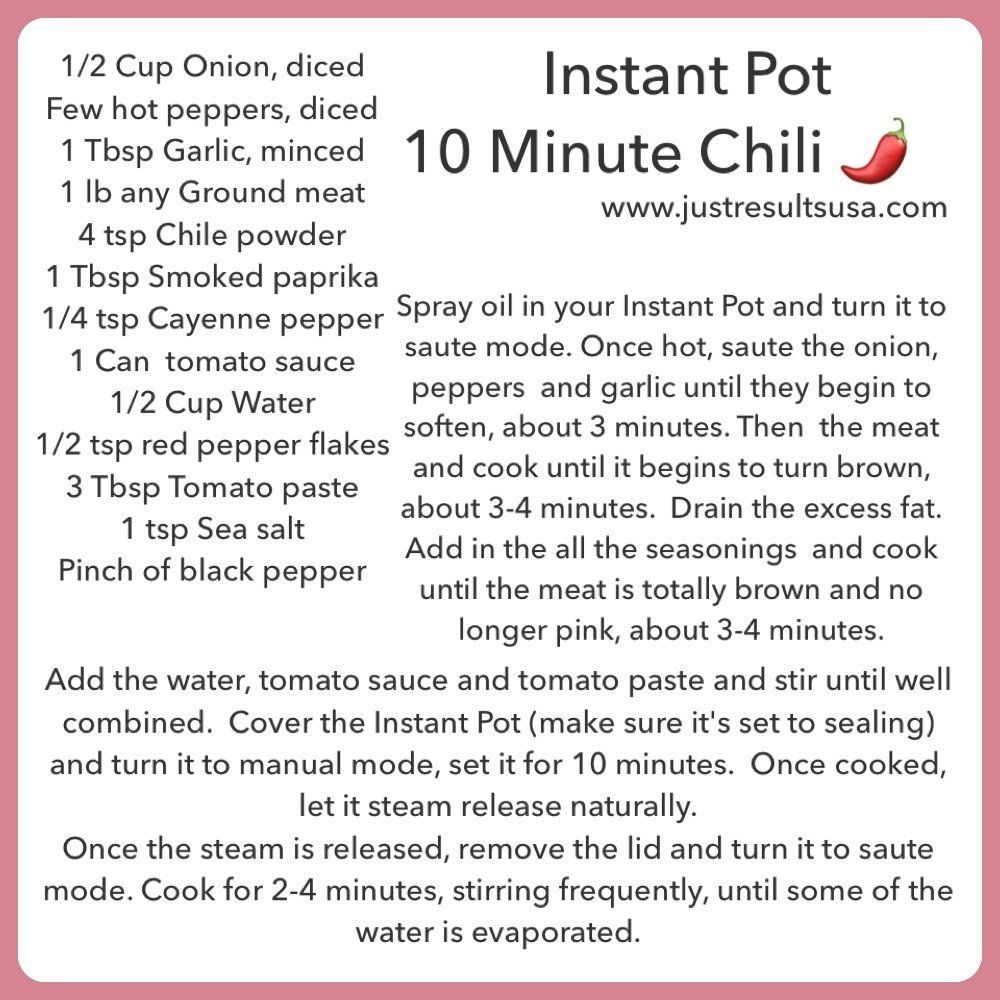 A recipe for instant pot 10 minute chili is shown