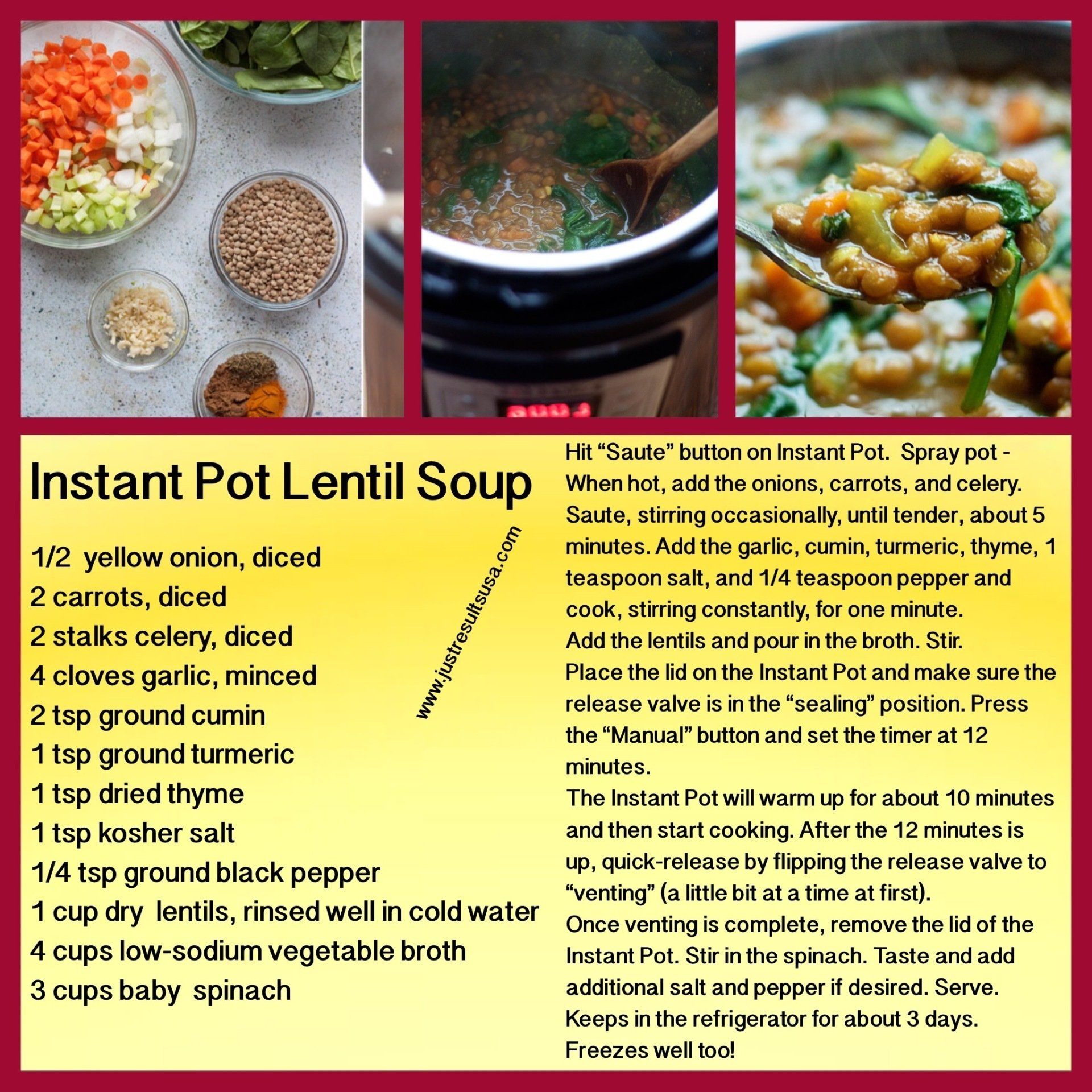 A recipe for instant pot lentil soup is shown
