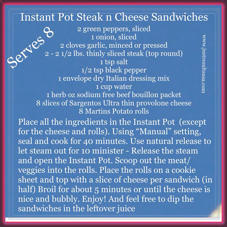 A recipe for instant pot steak n cheese sandwiches serves 8