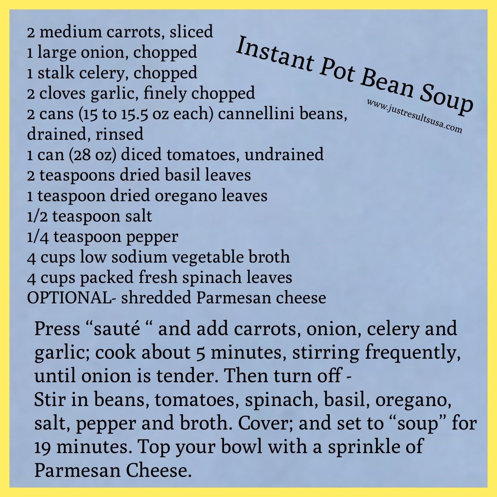 A recipe for instant pot bean soup includes carrots onion celery and garlic