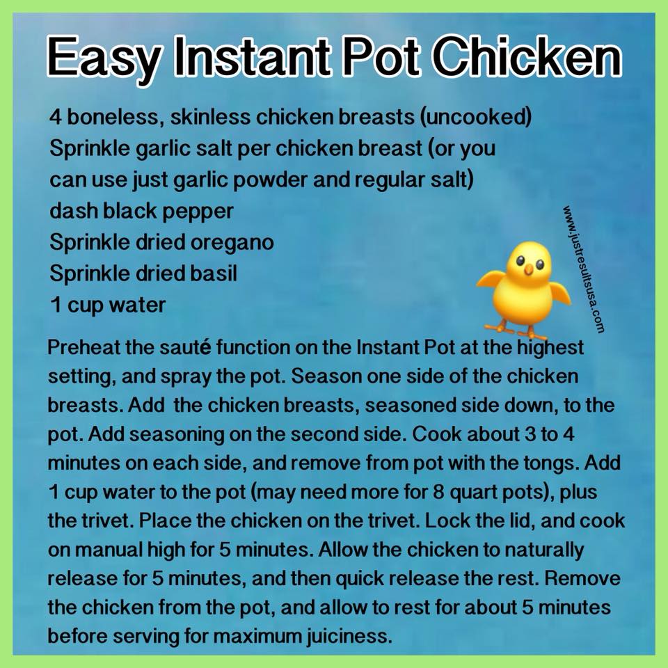 A recipe for easy instant pot chicken with a picture of a chicken