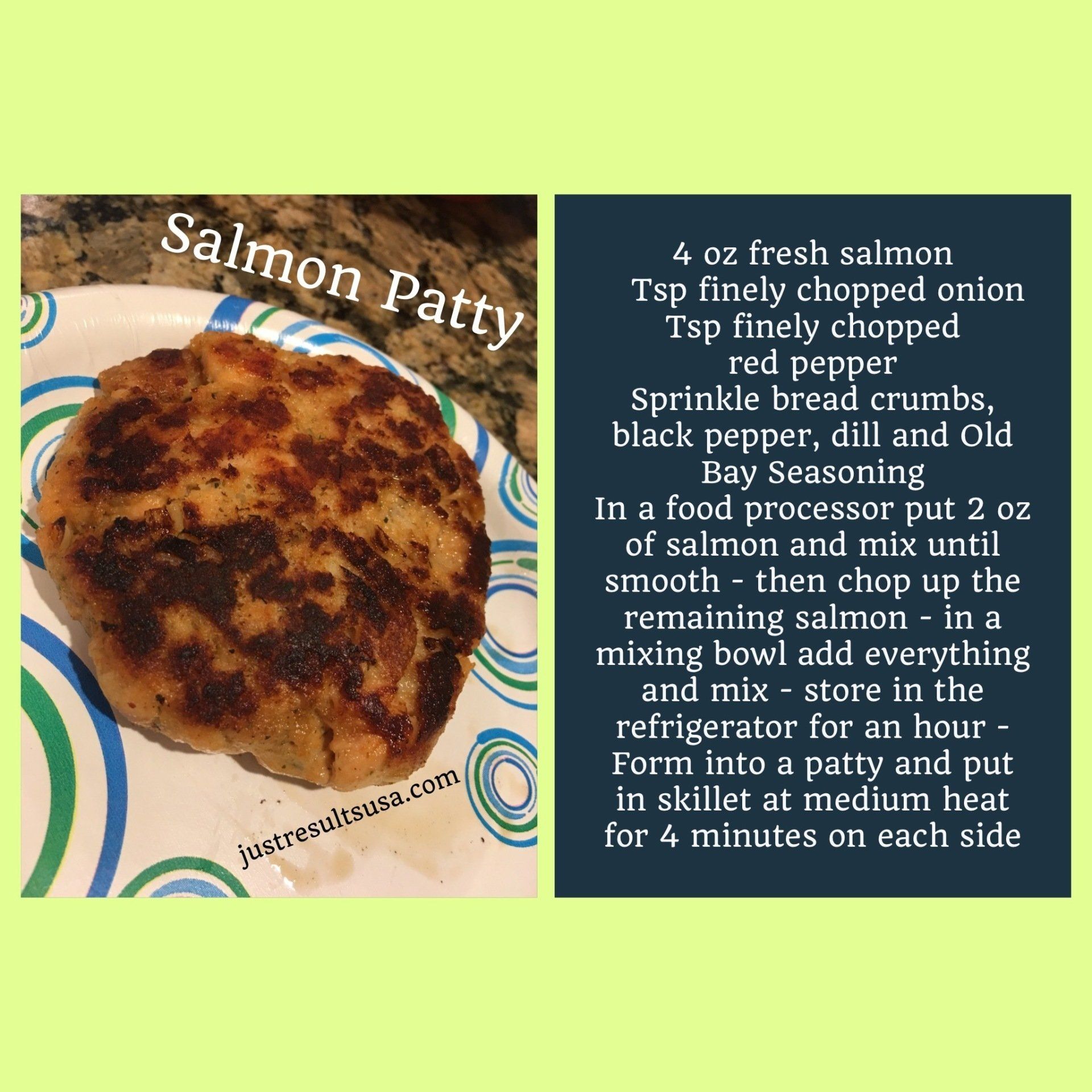 A recipe for salmon patty is shown on a paper plate