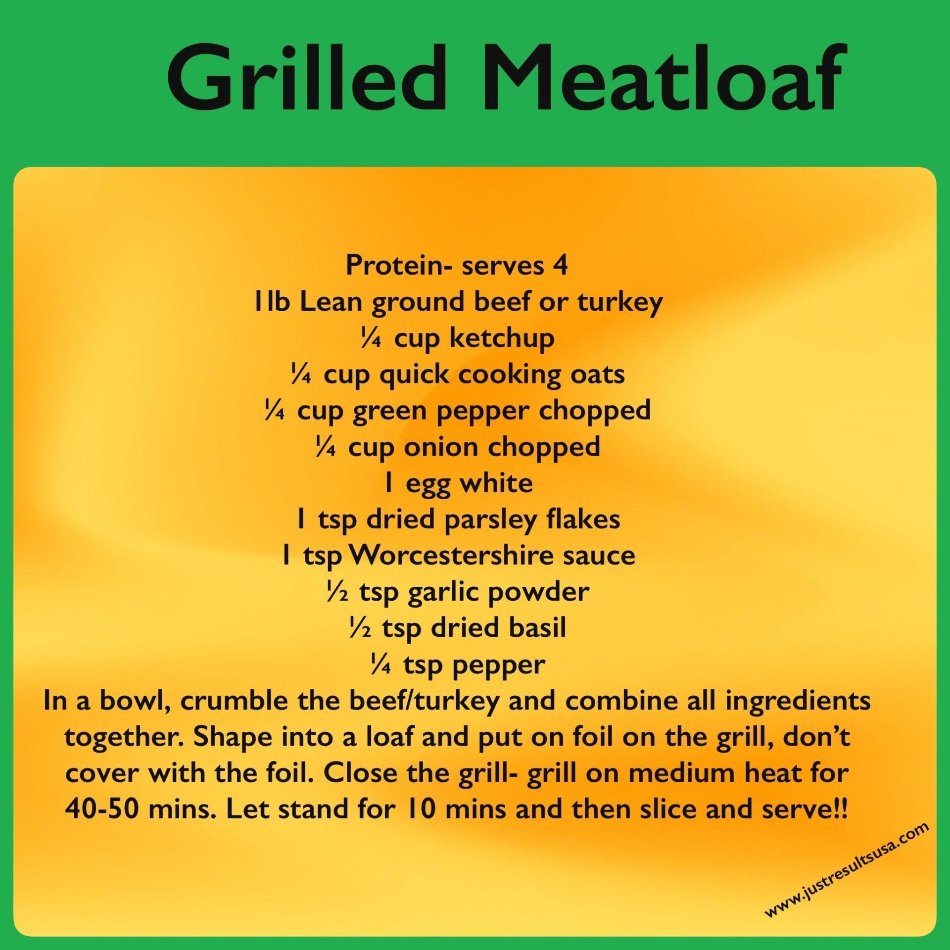 A recipe for grilled meatloaf is written on a yellow and green background