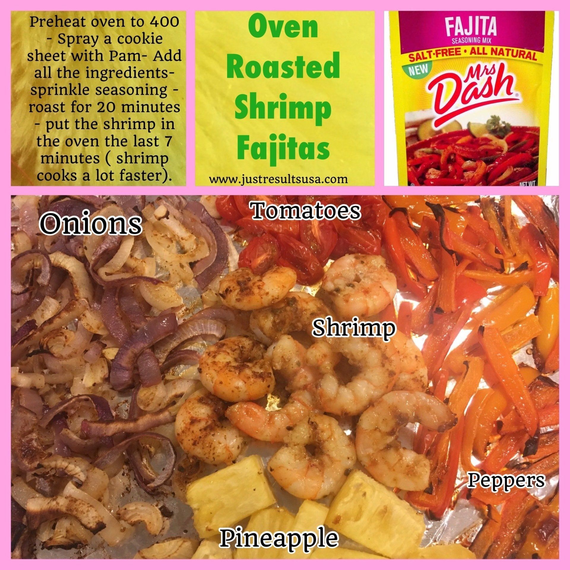 A recipe for roasted shrimp fajitas with onions pineapple and peppers