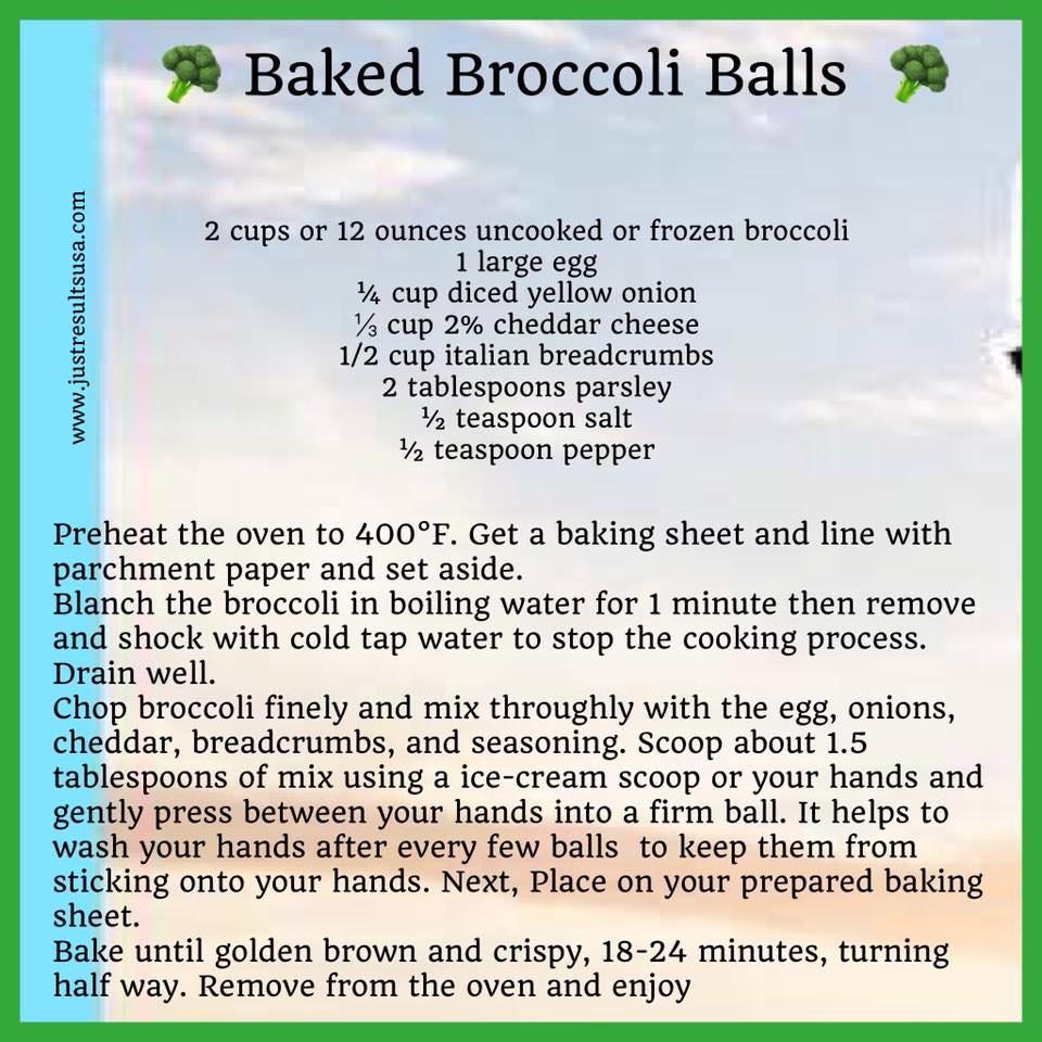 A recipe for baked broccoli balls is written on a piece of paper