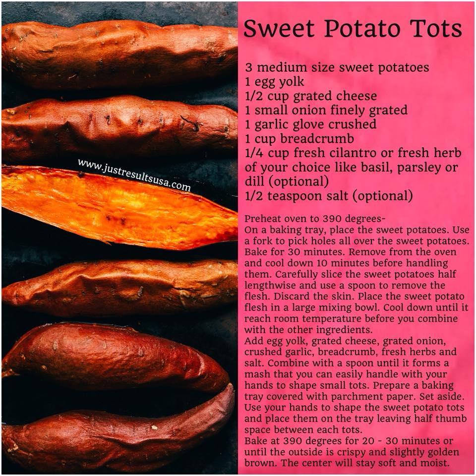 A recipe for sweet potato tots is displayed