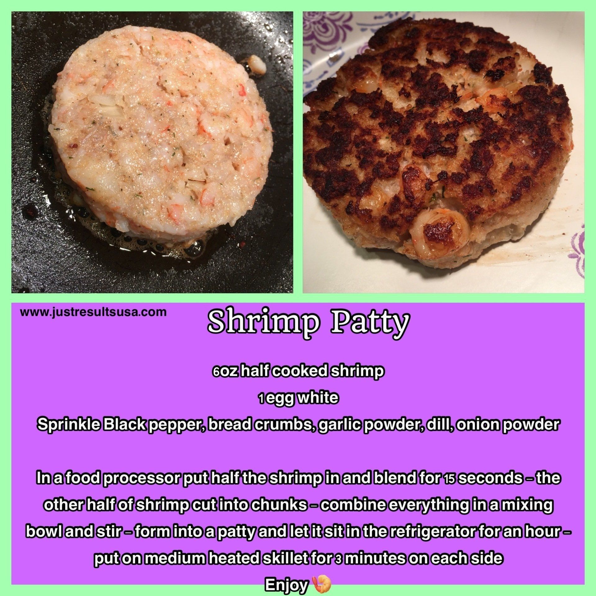 A recipe for shrimp patty is shown on a purple background