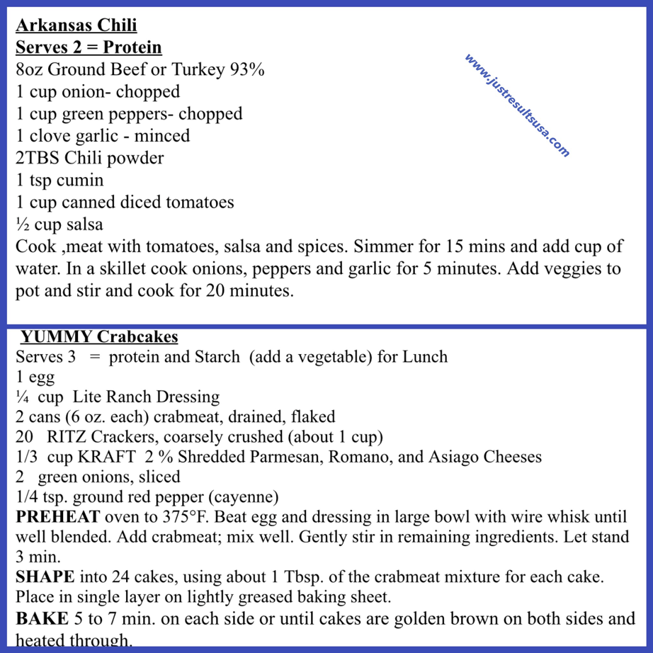 A recipe for arkansas chili and yummy crabcakes