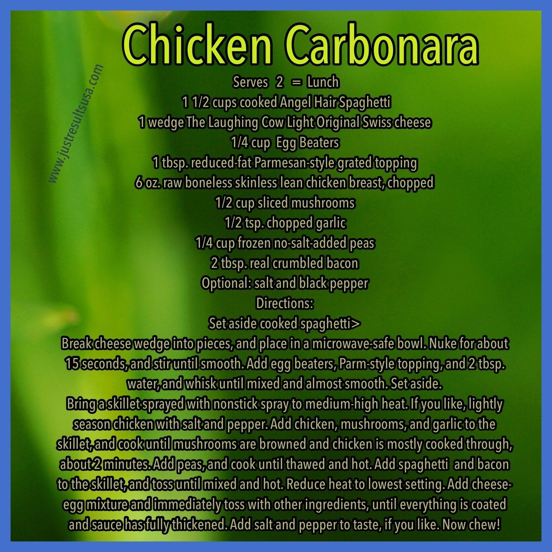 A recipe for chicken carbonara is on a green background