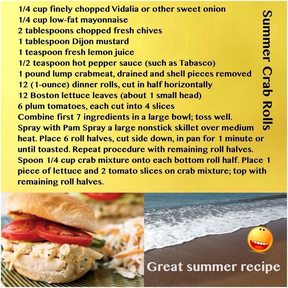 A recipe for summer crab rolls with a picture of a crab sandwich