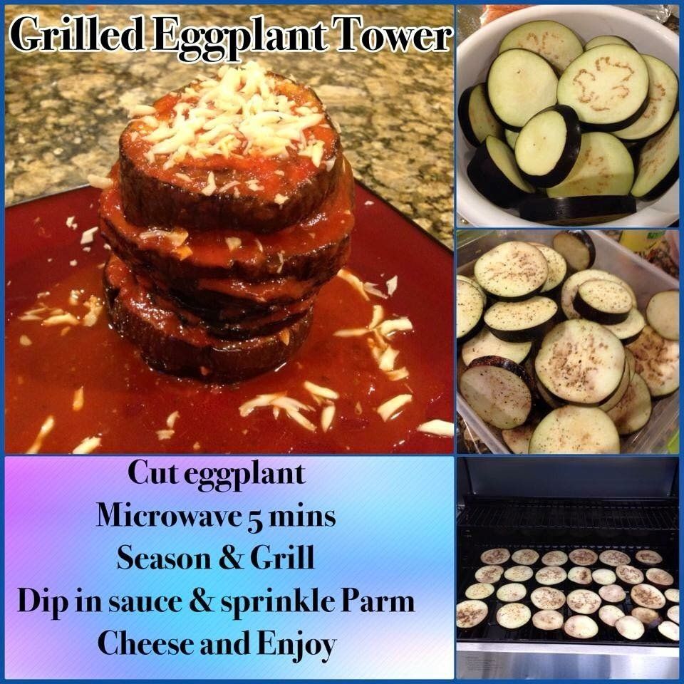 A recipe for grilled eggplant tower is shown