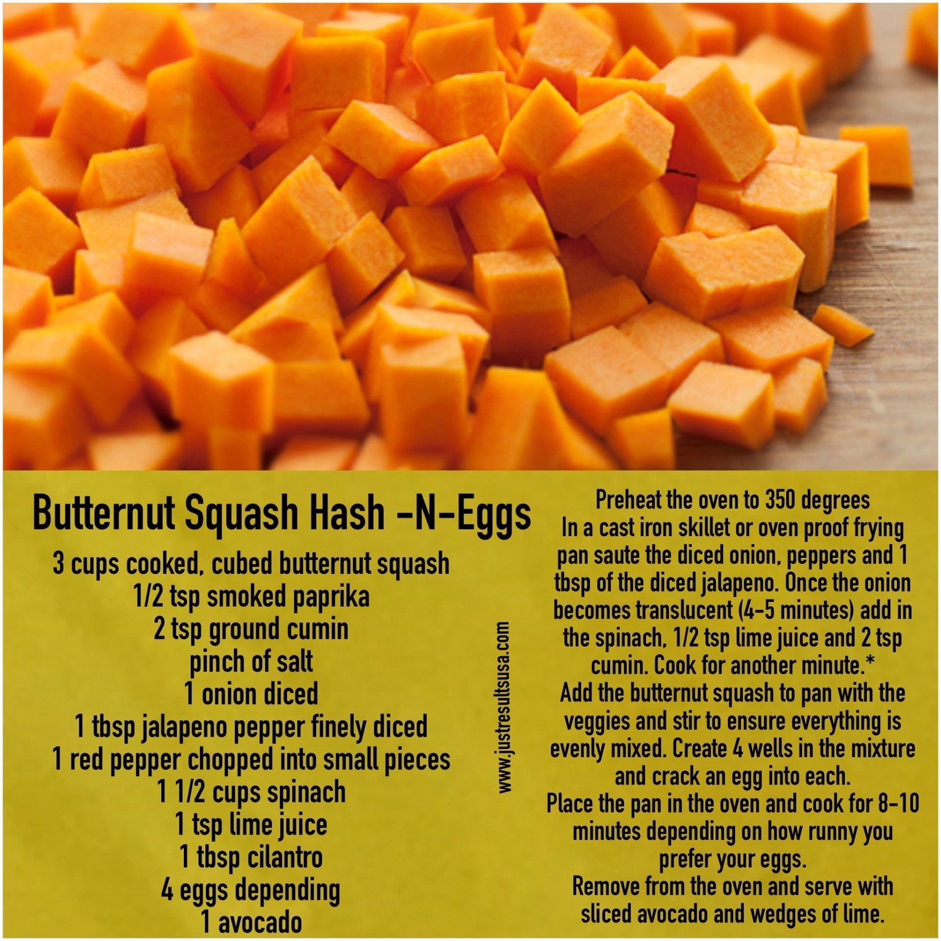 A recipe for butternut squash hash-n-eggs is shown