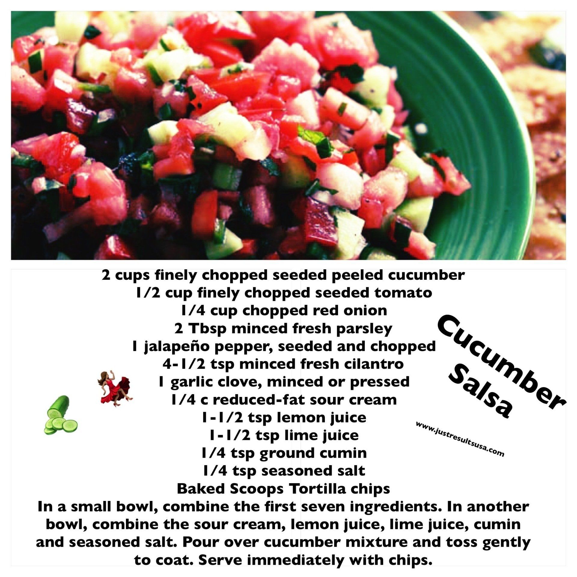 A recipe for cucumber salsa with a picture of a bowl