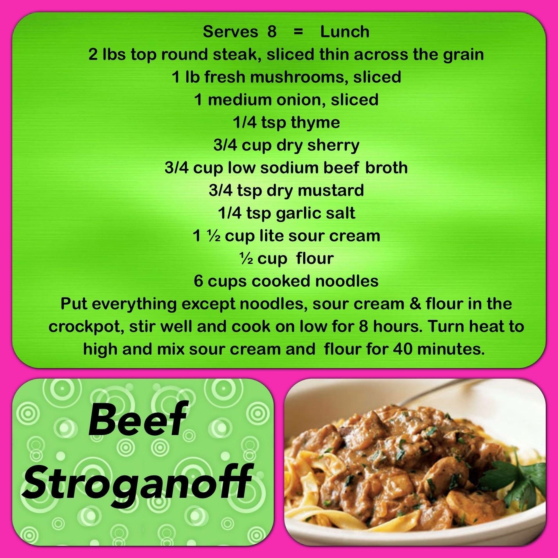 A recipe for beef stroganoff is shown on a pink and green background