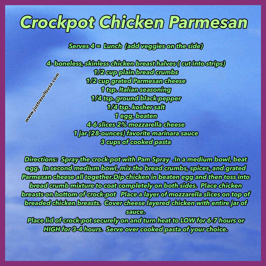 A recipe for crockpot chicken parmesan is shown