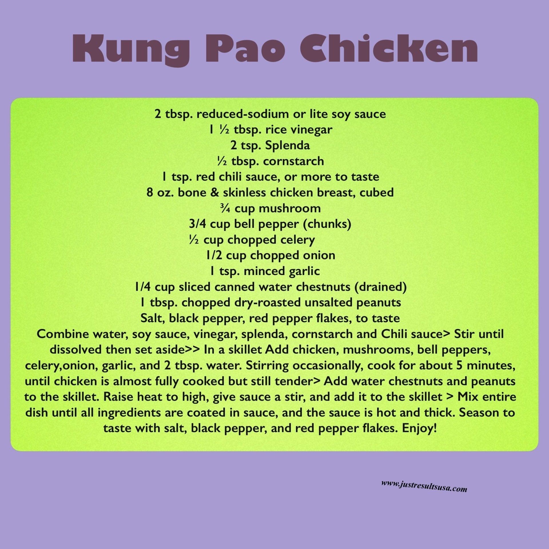 A recipe for kung pao chicken is shown on a green background