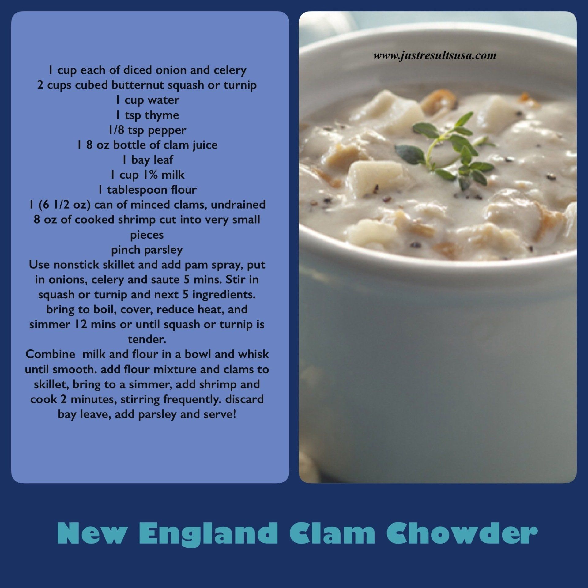A recipe for new england clam chowder is shown