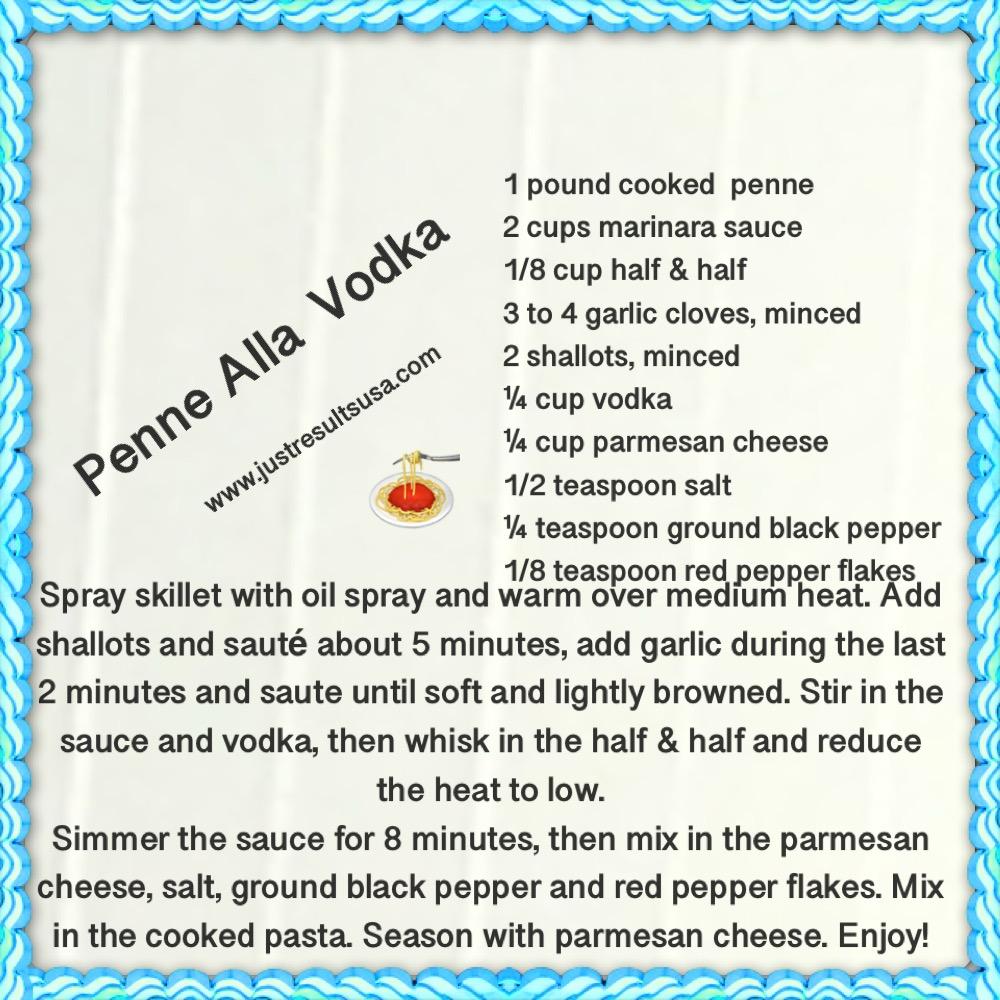 A recipe for penne alla vodka is written on a piece of paper