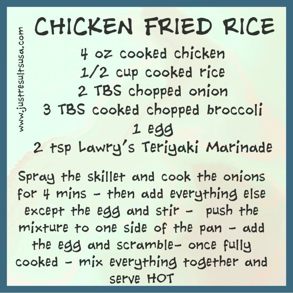 A recipe for chicken fried rice includes chopped onions and broccoli
