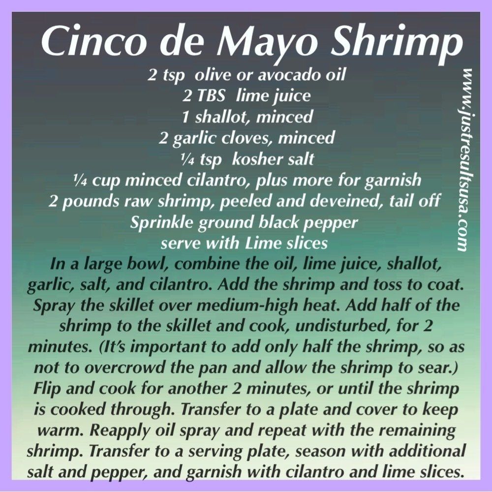 A recipe for cinco de mayo shrimp is shown on a purple background