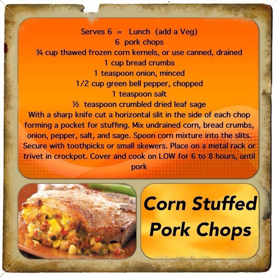 A recipe for corn stuffed pork chops is shown