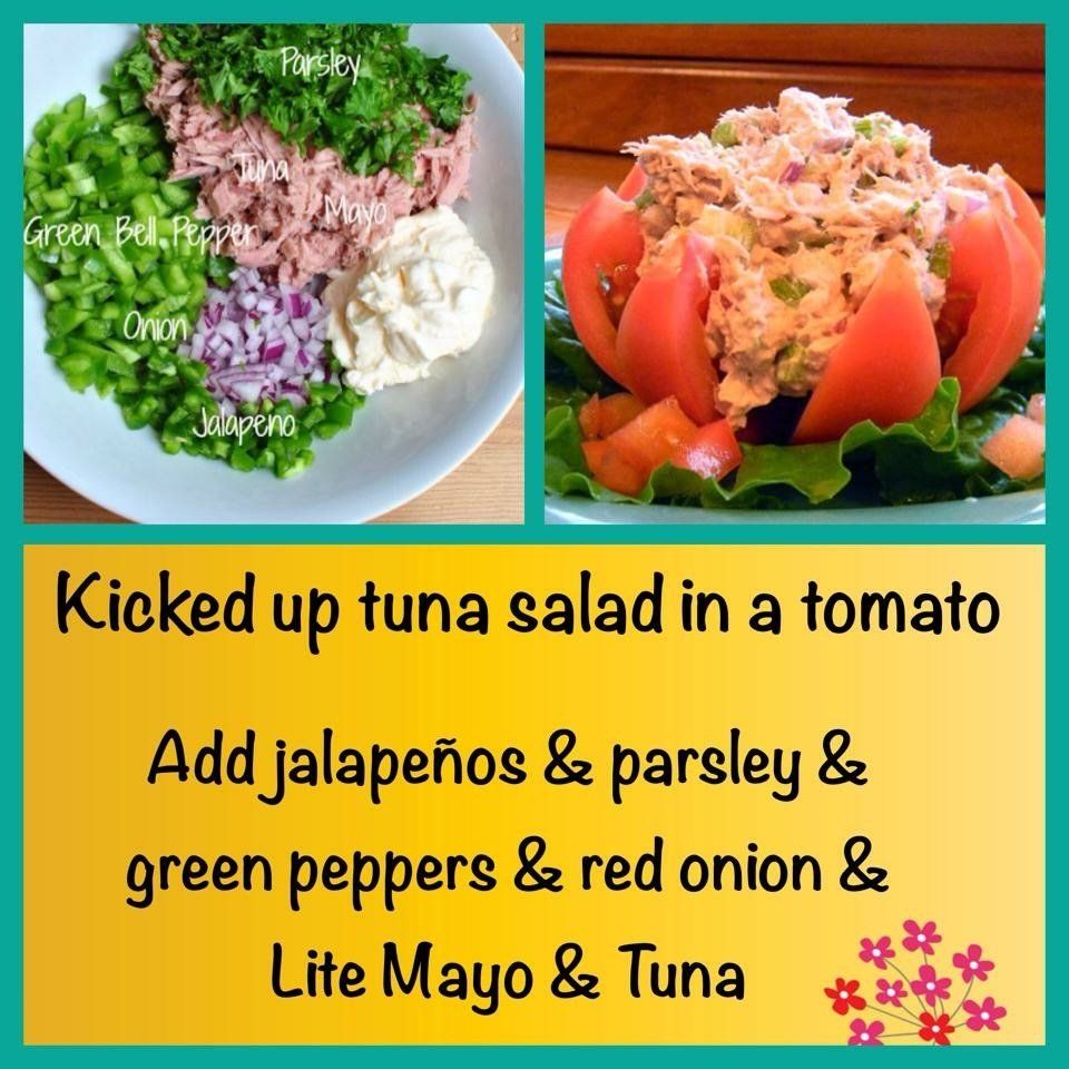 A collage of pictures showing ingredients for a tuna salad in a tomato