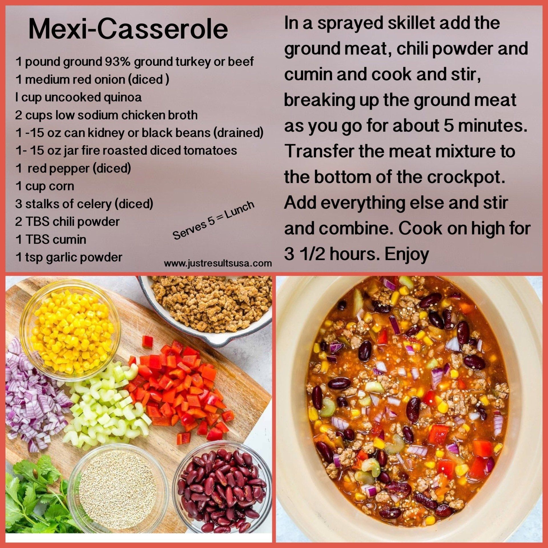 A recipe for a mexi-casserole with a picture of the ingredients