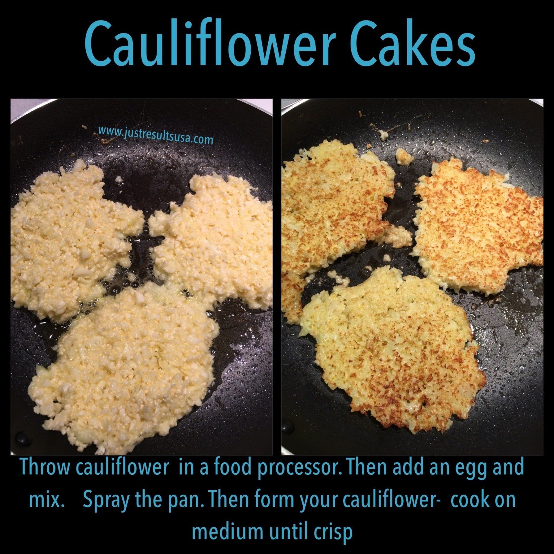 A recipe for cauliflower cakes shows how to make them