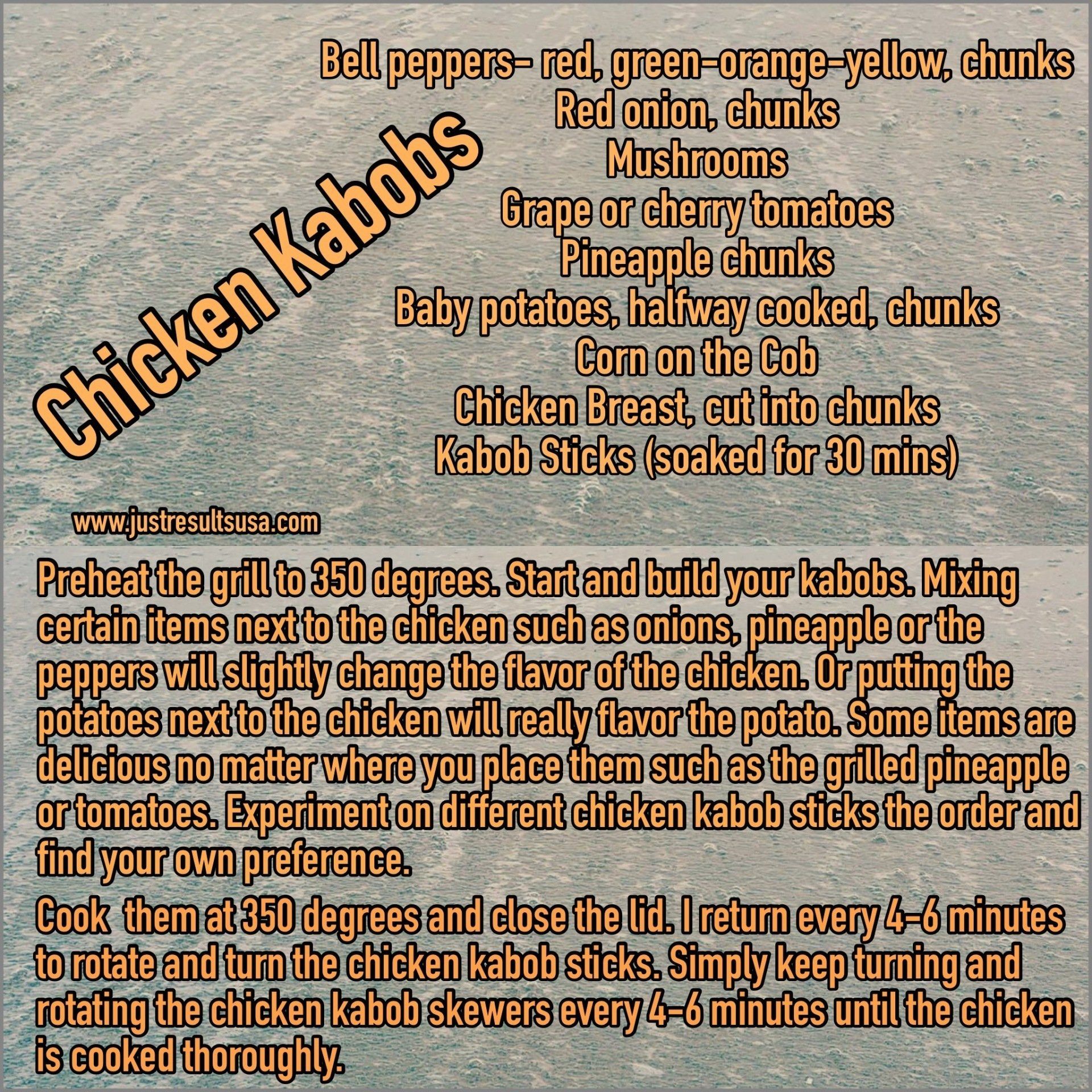 A recipe for chicken kabobs is written on a piece of paper