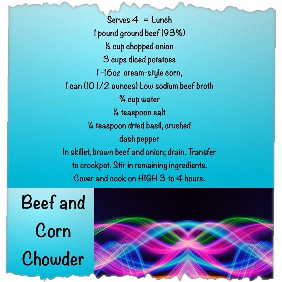 A recipe for beef and corn chowder on a blue background