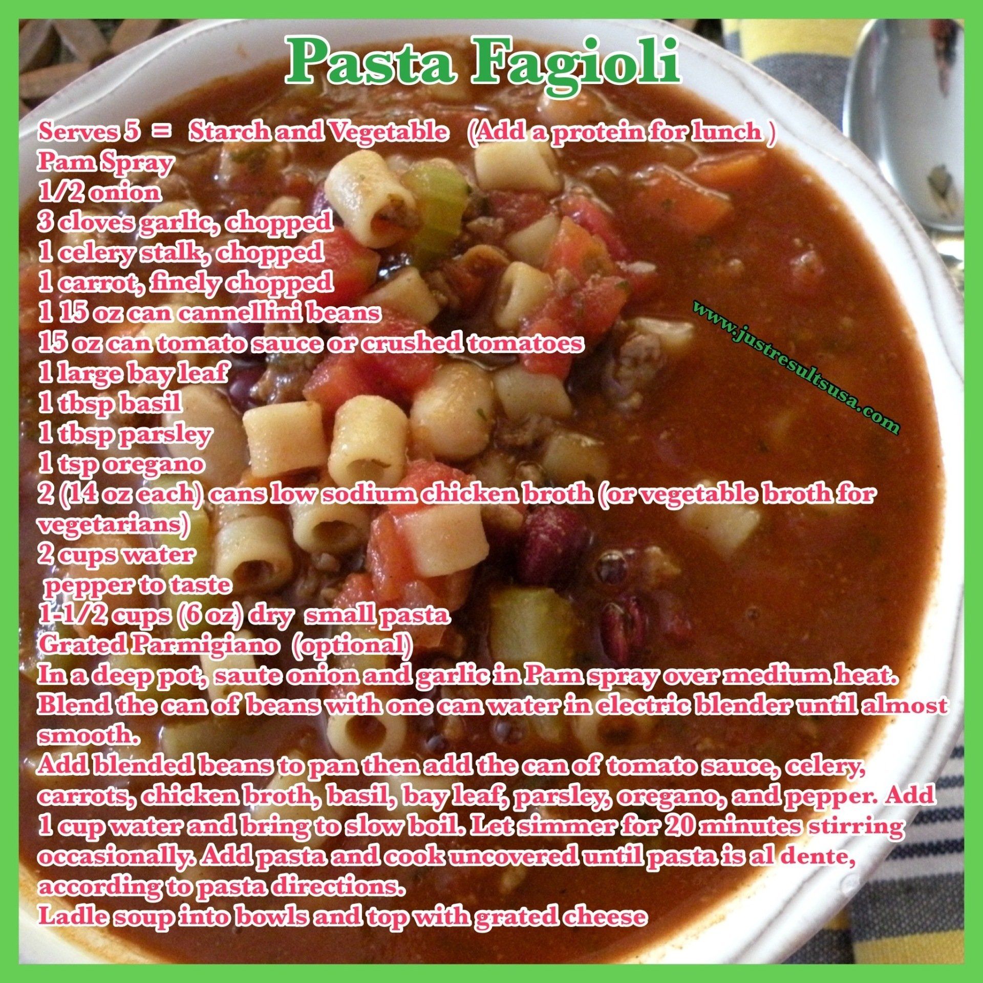 A recipe for pasta fagioli is displayed on a table