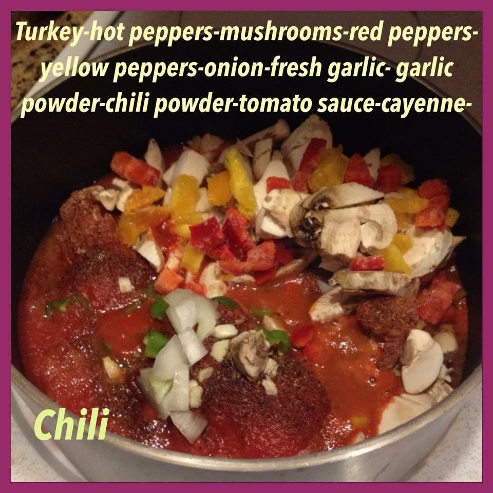 Turkey hot peppers mushrooms red peppers yellow peppers onion fresh garlic garlic powder chili powder tomato sauce cayenne