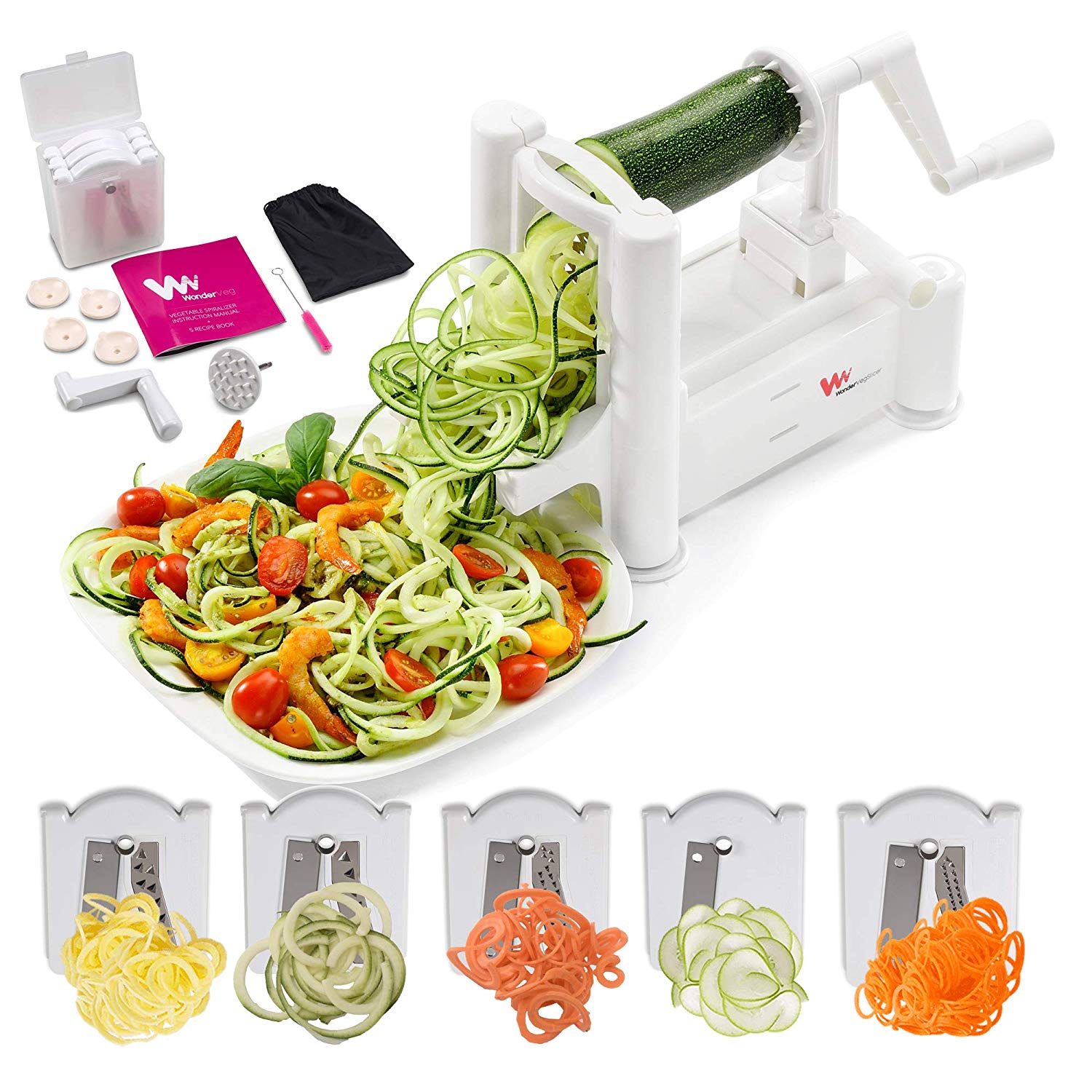 A vegetable slicer with a plate of noodles on it.