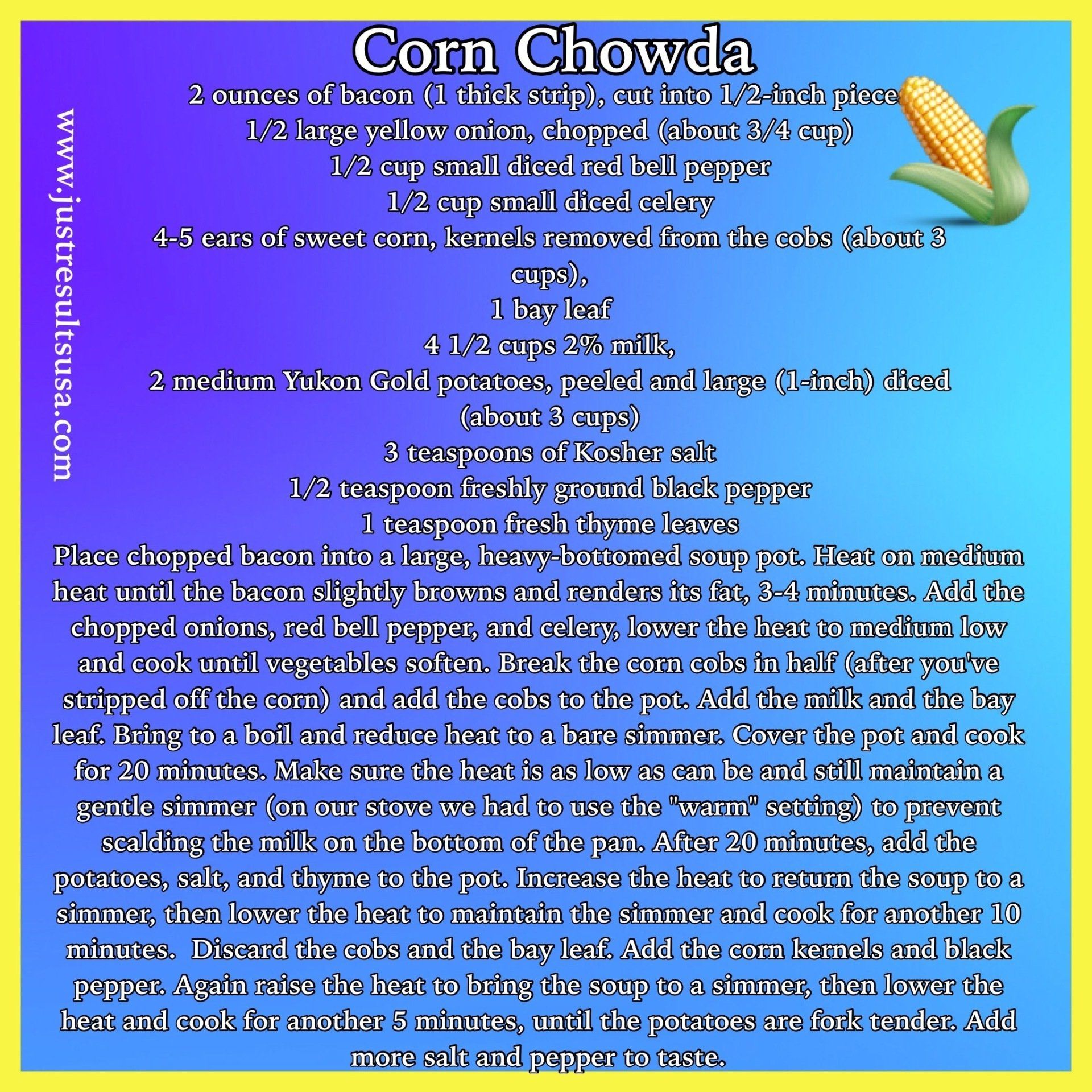 A recipe for corn chowda is shown on a colorful background