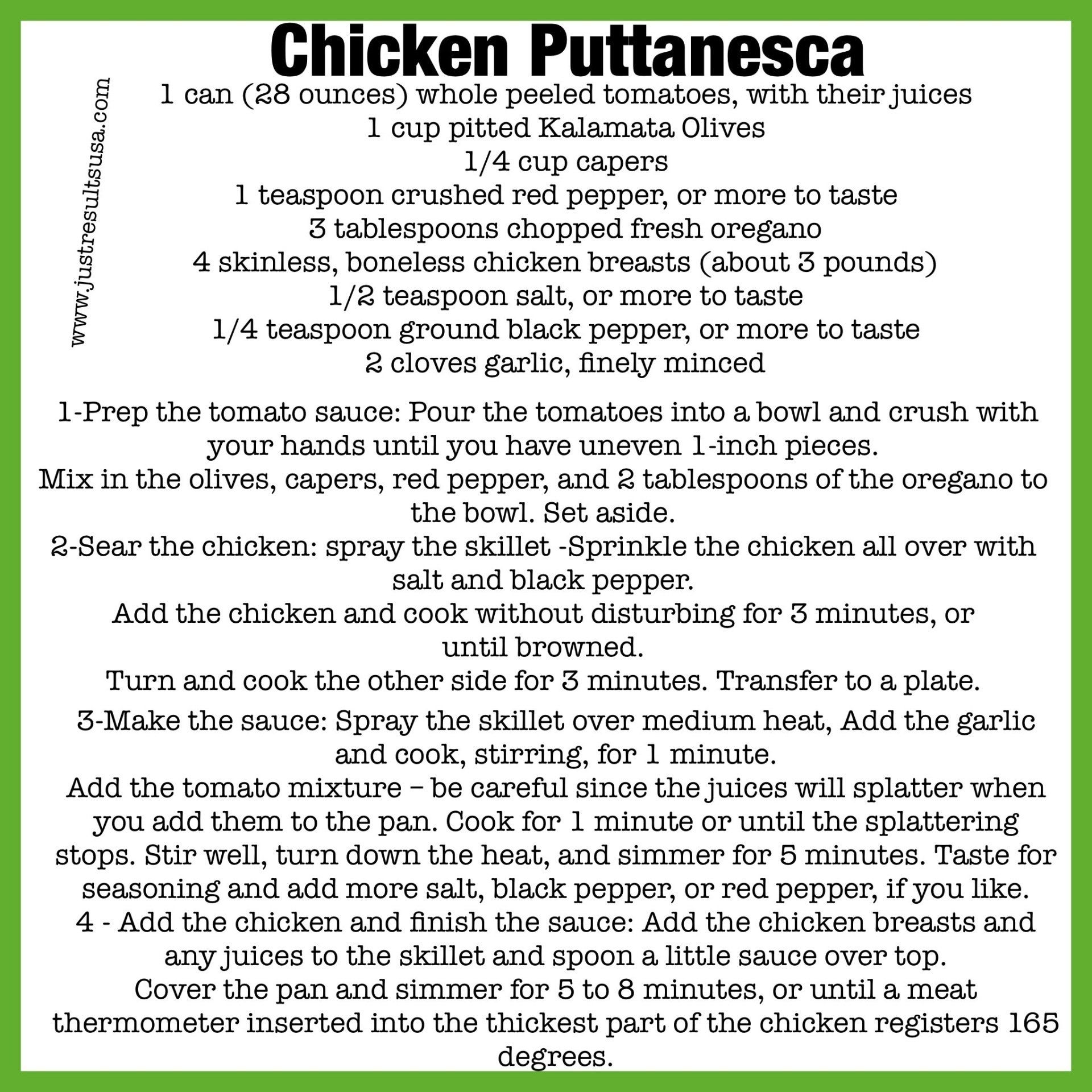 A recipe for chicken puttanesca with a green background