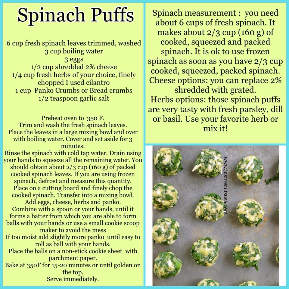 A recipe for spinach puffs is shown in a collage