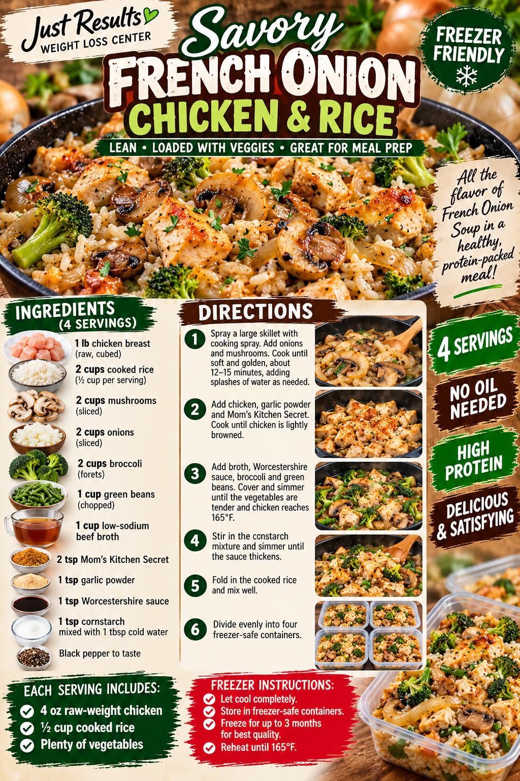 Recipe card for savory French onion chicken and rice with ingredients, directions, and a baked casserole photo