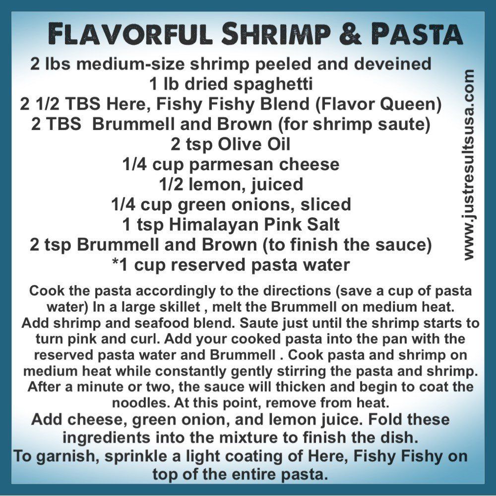 A recipe for flavorful shrimp and pasta is shown