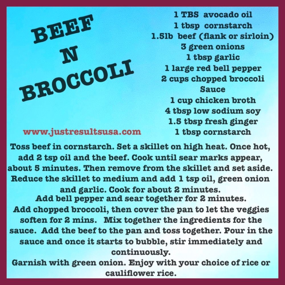 A recipe for beef n broccoli is on a blue background