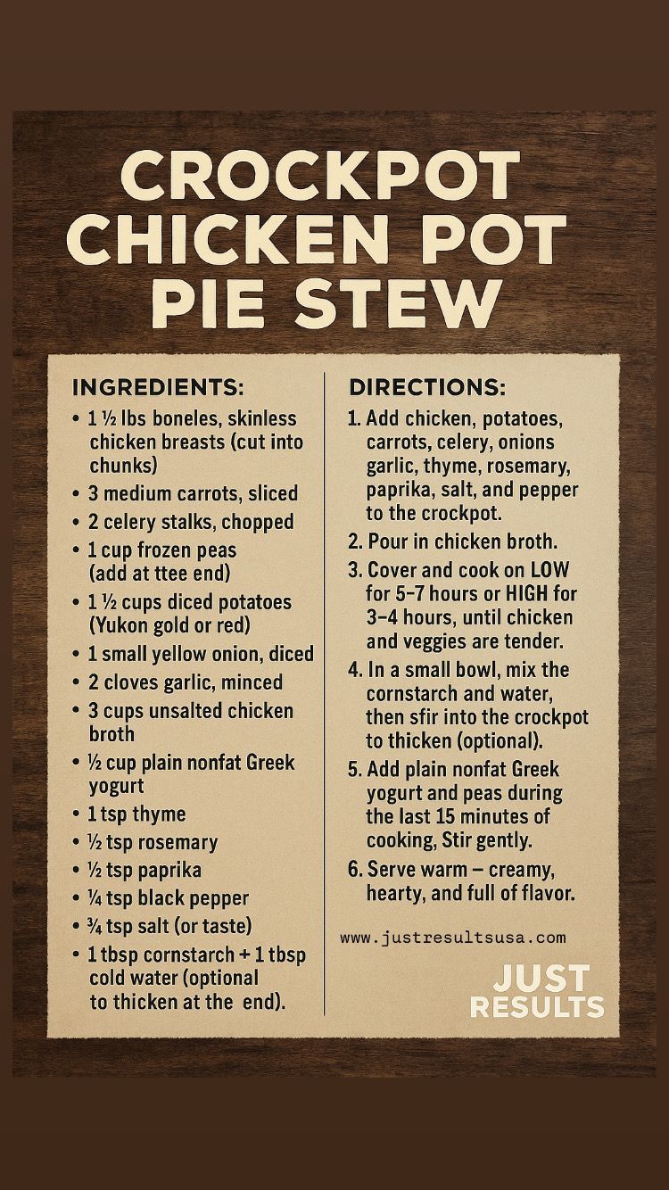 Crockpot Chicken Pot Pie Stew recipe on a brown background with ingredients and directions.